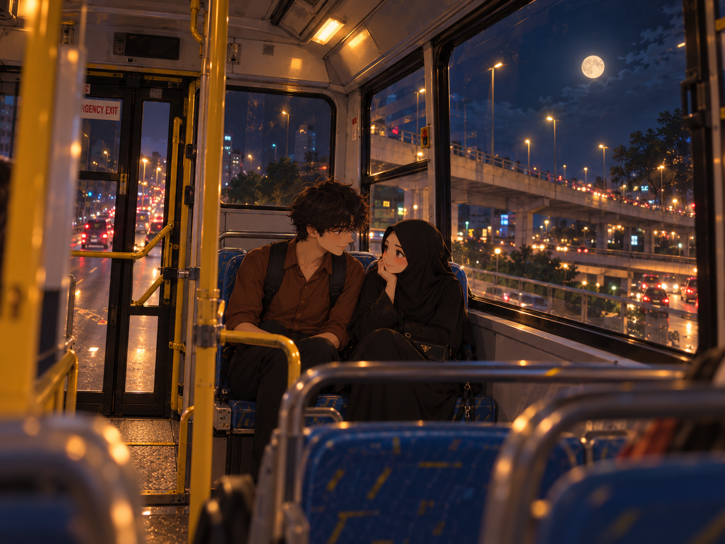 Sitting together on a moonlit bus ride
