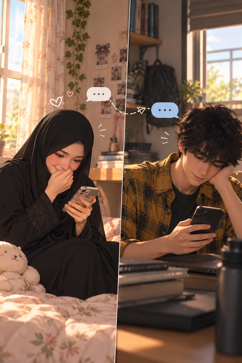 Two friends texting from separate homes