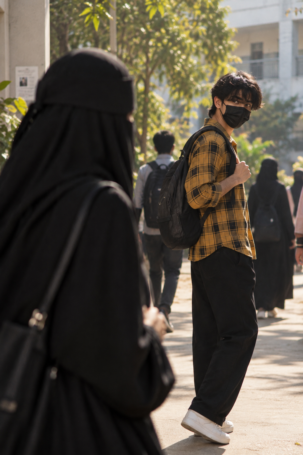 Masked college boy on campus