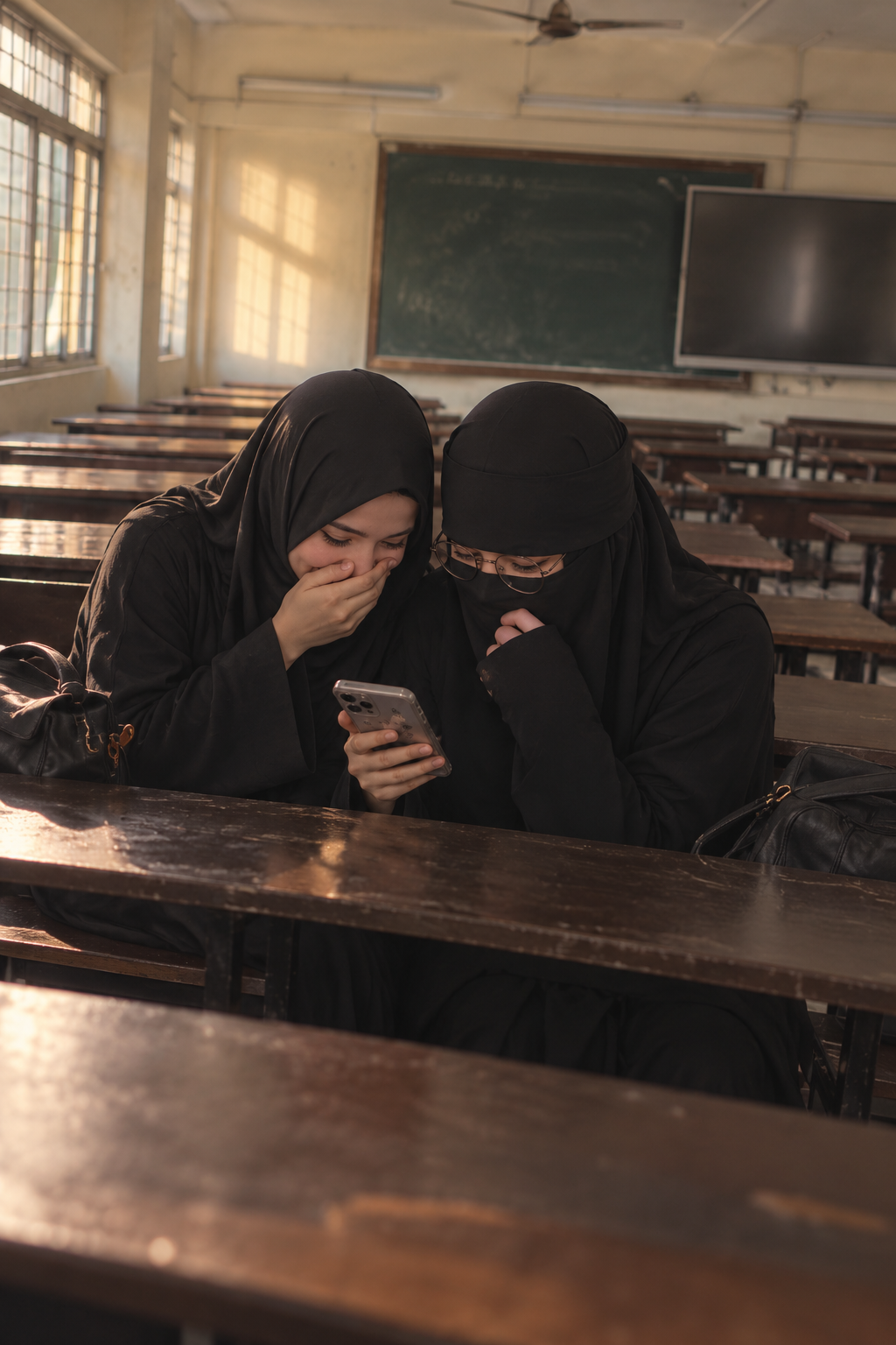Two friends checking a phone in the classroom