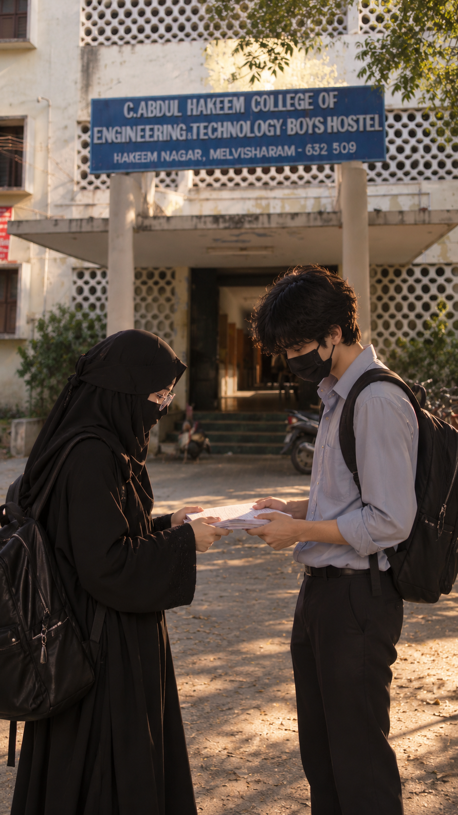 Sharing assignment papers outside the boys' hostel