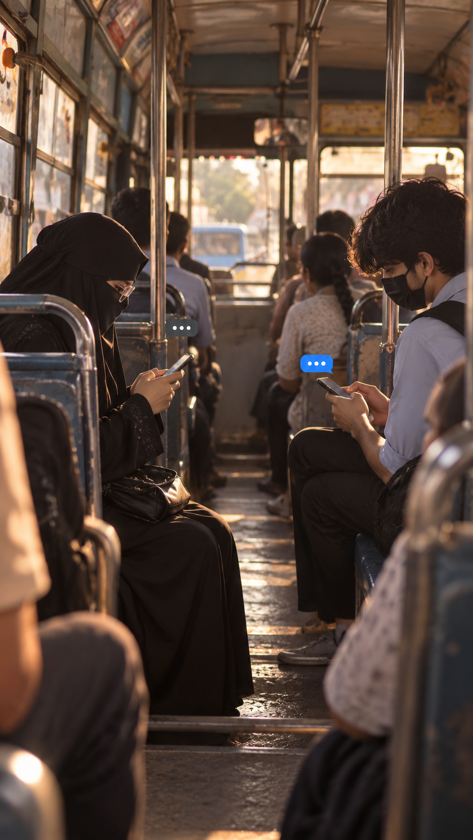 A masked college boy and a girl in a black burkha texting across the seats of a public bus