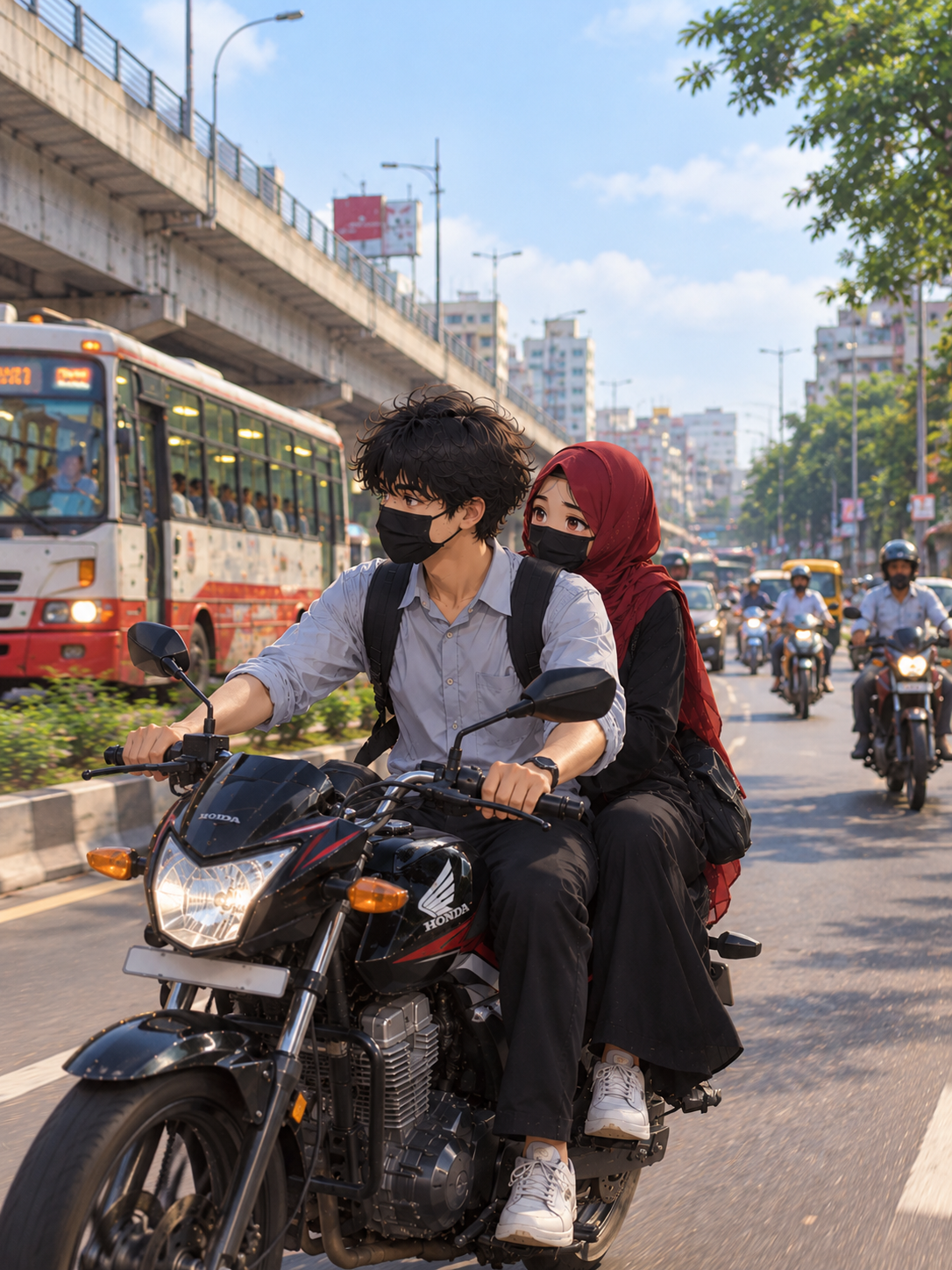 A girl in a black abaya sitting behind her friend on a scooter